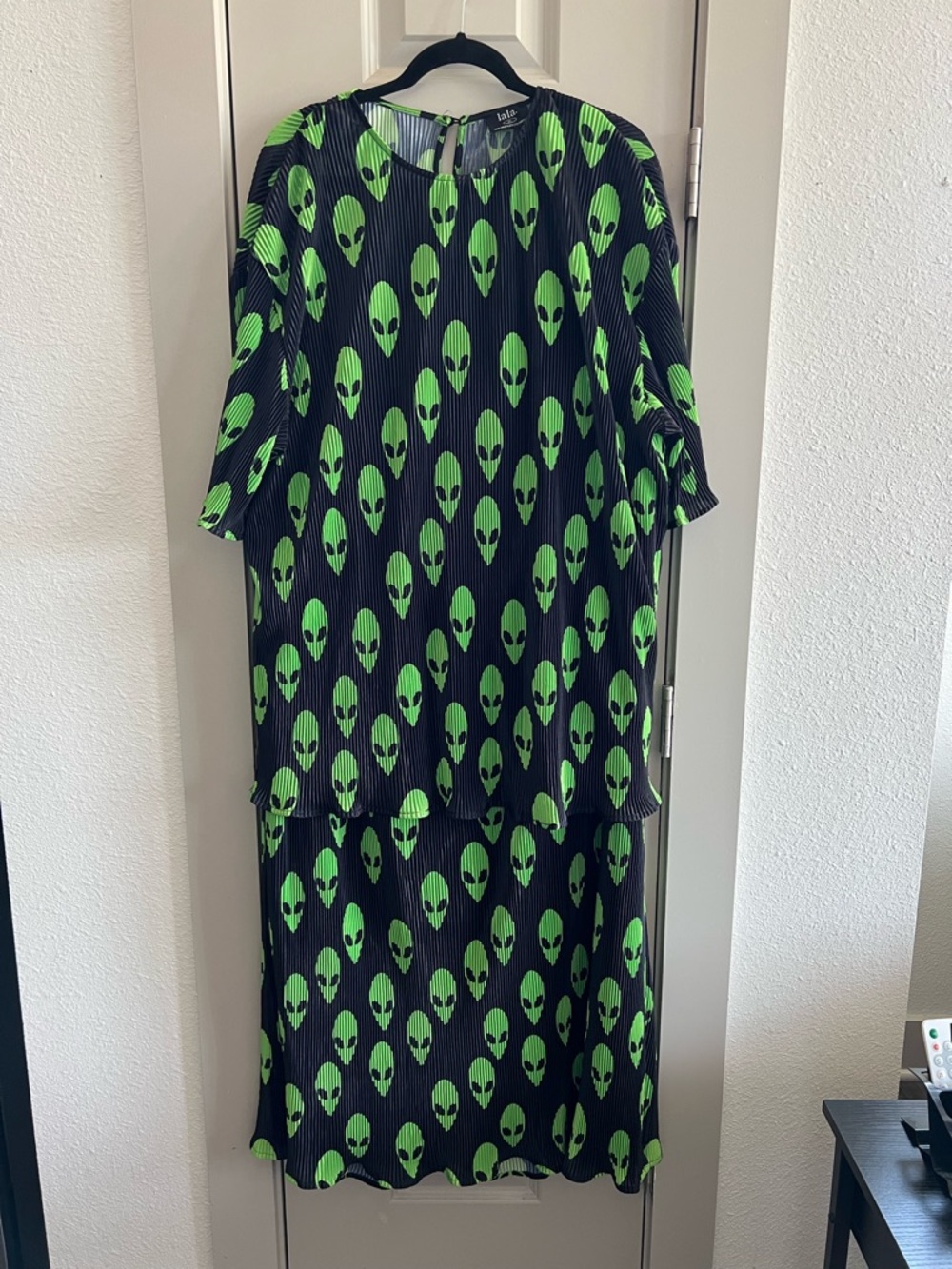 Dressed in LALA Neon Green and Black Alien Print Pleated Two-Piece